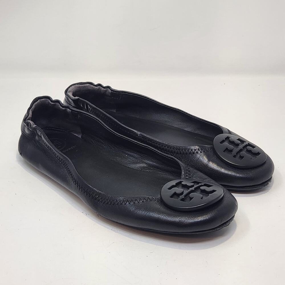 Tory Burch Minnie Black Leather Travel Ballet Flats Women Size 5.5M Matte Logo